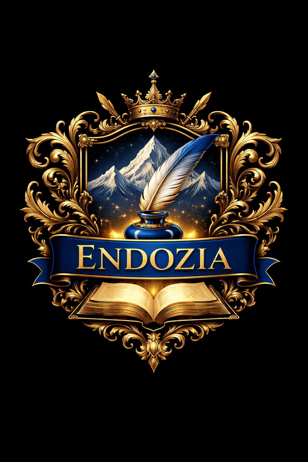 Endozia key art showing a gilded literary crest with mountains and an open book.