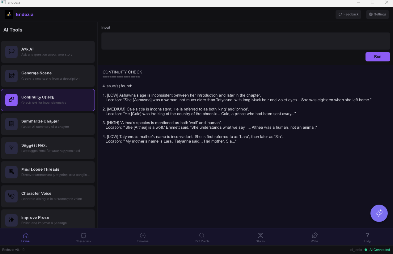 Endozia continuity check result showing inconsistencies flagged across the manuscript.
