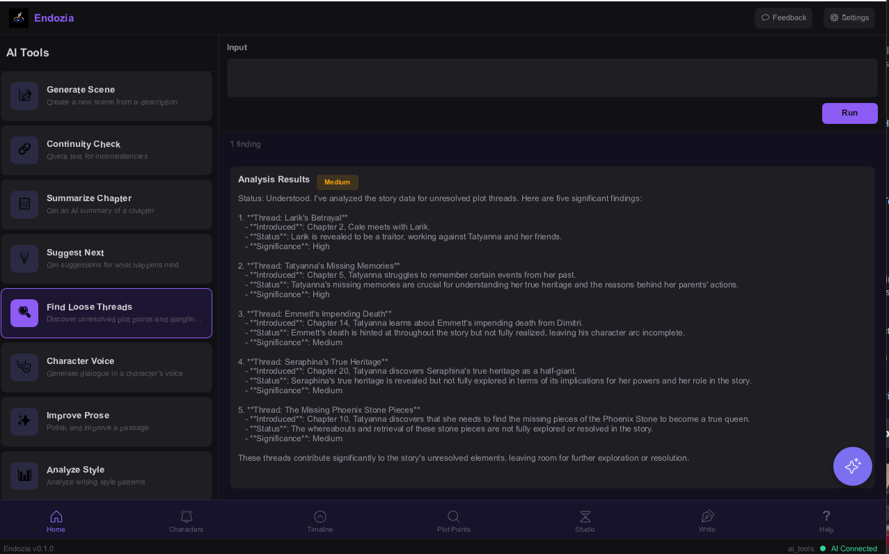 Endozia loose threads result showing ranked unresolved plot points.