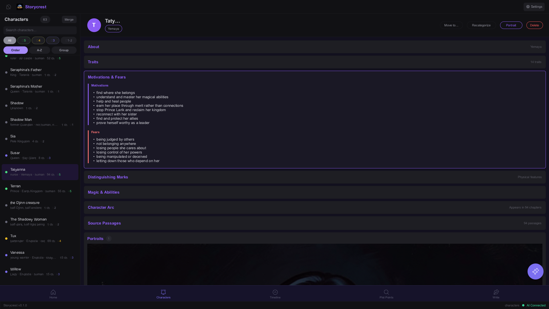 Endozia character view showing a detailed character profile with motivations, fears, abilities, and supporting material.