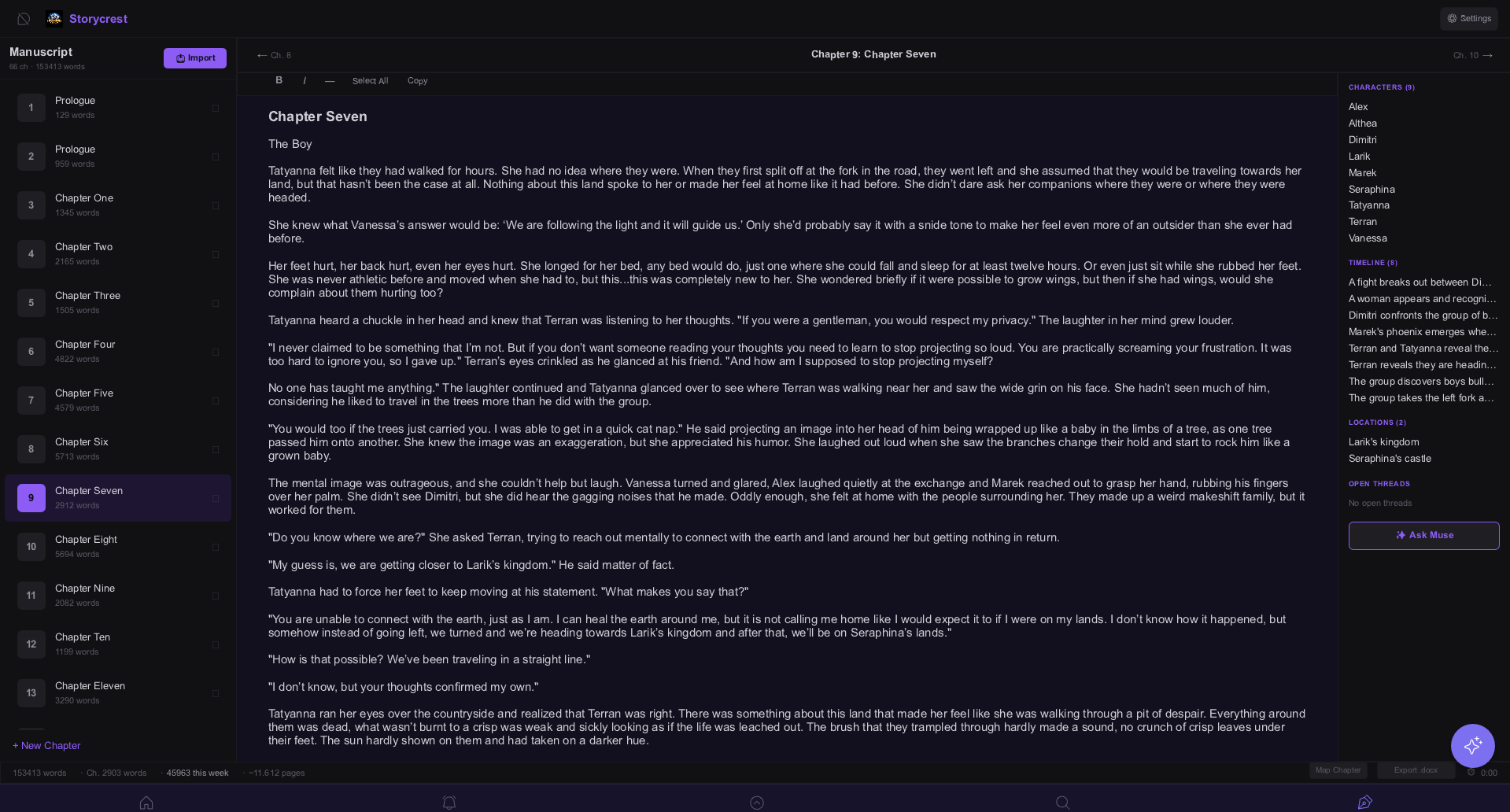 Endozia manuscript view showing chapter text alongside supporting context such as characters, timeline events, and locations.