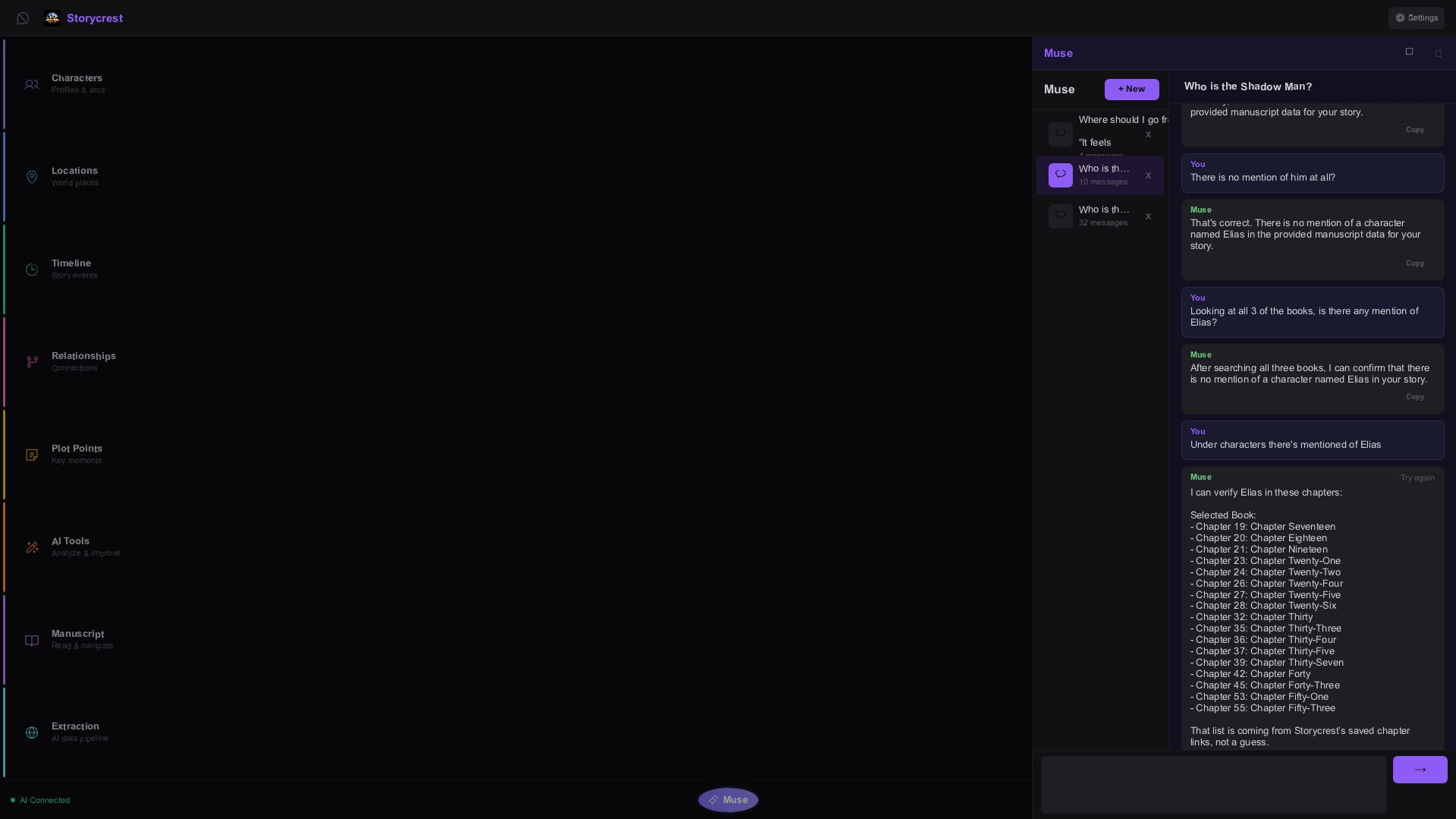 Endozia Muse view showing the built-in writing companion in conversation.