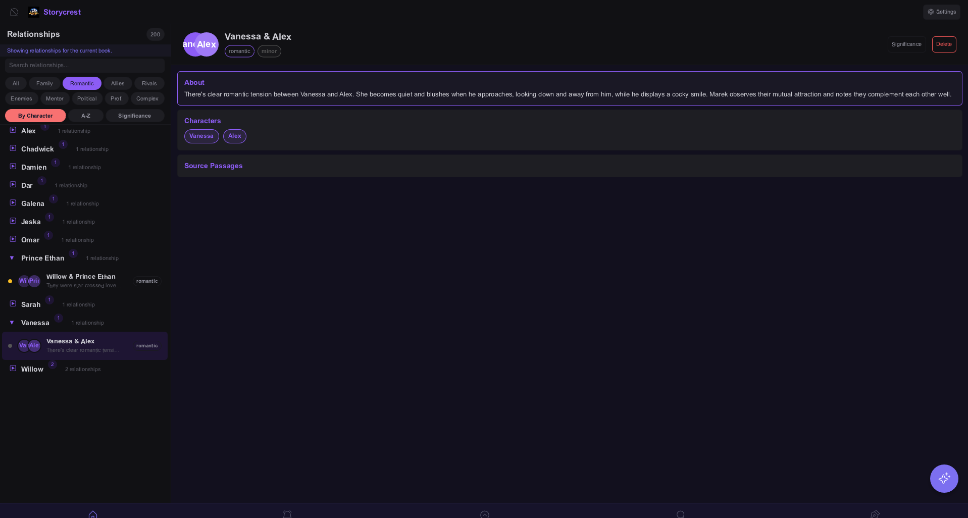 Endozia relationships view showing linked characters and relationship details.